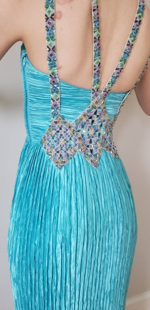 1980s Mary McFadden Evening Dress Pleated Turquoise Beaded Halter Neckline Small