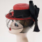 1930s Red Straw Toy Hat Large Black Bow / 30s Toy Hat Summer Cocktail Evelyn Varon New York Creation