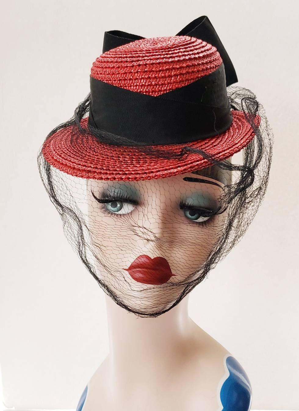 1930s Red Straw Toy Hat Large Black Bow / 30s Toy Hat Summer Cocktail Evelyn Varon New York Creation