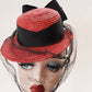 1930s Red Straw Toy Hat Large Black Bow / 30s Toy Hat Summer Cocktail Evelyn Varon New York Creation