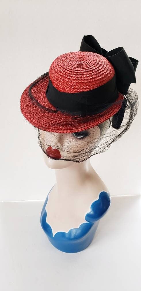 1930s Red Straw Toy Hat Large Black Bow / 30s Toy Hat Summer Cocktail Evelyn Varon New York Creation