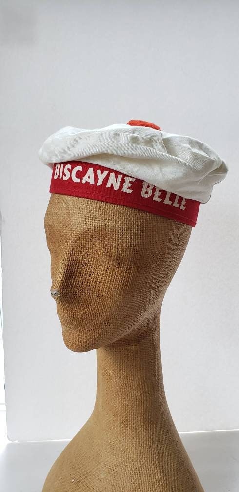 1960s Souvenir Cap Tourist Biscayne Belle Nautical Naval Navy Red and White Tam Beret with Pom-Pom