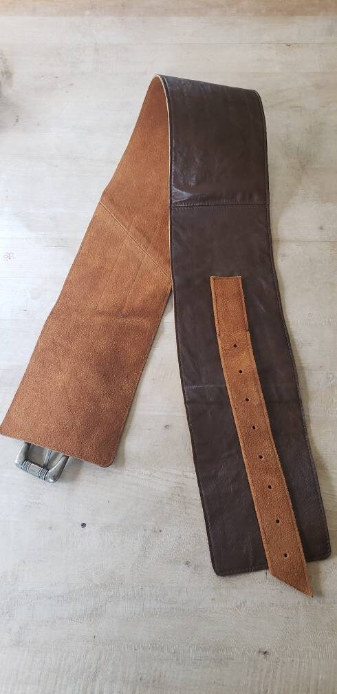 Vintage Wide Brown Leather Belt Orange Suede Silver Metal Buckle Handmade Med to Large / Amena