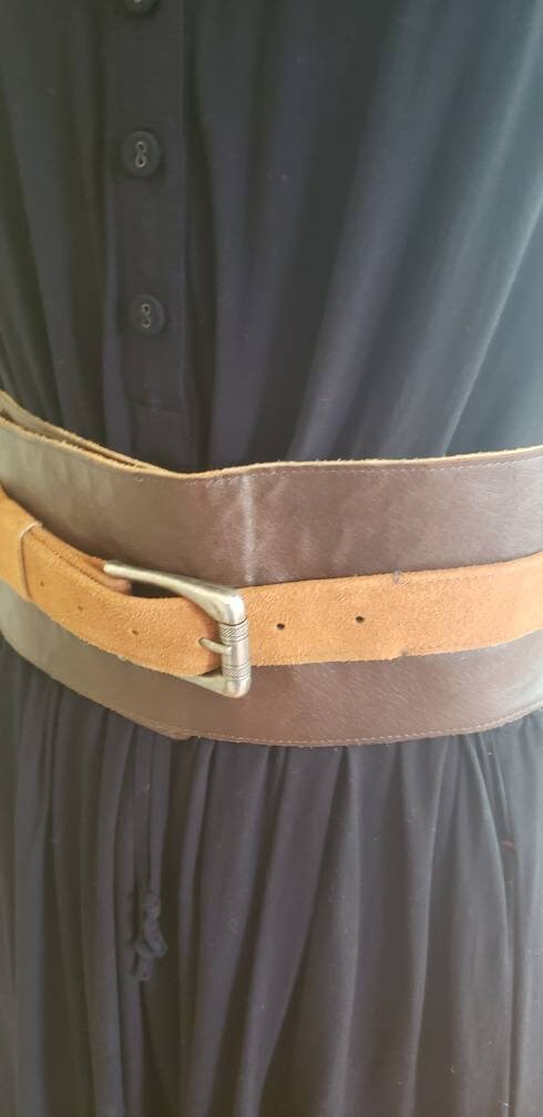 Vintage Wide Brown Leather Belt Orange Suede Silver Metal Buckle Handmade Med to Large / Amena