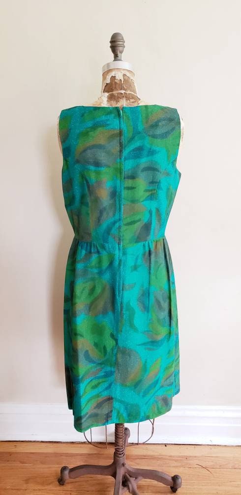 1960s Alice Edwards Green Blue Floral Print Shift Cocktail Dress / 60s Sleeveless Summer Dress Marshall Fields Large