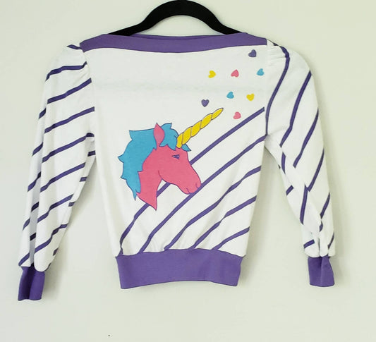 1980s Children's Top Pullover Unicorn Purple Stripes Rainbow Hearts / Girls Kids Vintage Shirt Little Topsys / S