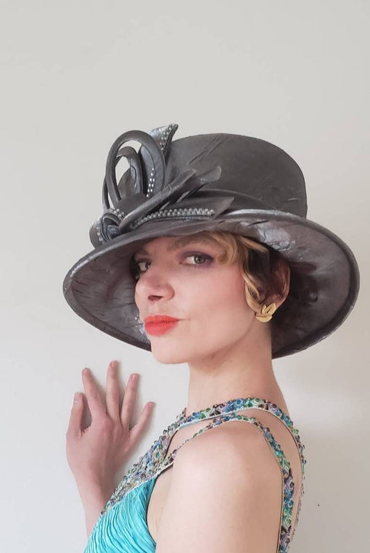 1990s Metallic Silver Costume Hat Wide Brimmed Top Hat / 90s Gray Silk Tall Crown Cosplay Fantasy Church Hat Options! New York