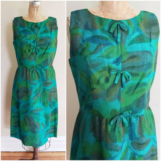 1960s Alice Edwards Green Blue Floral Print Shift Cocktail Dress / 60s Sleeveless Summer Dress Marshall Fields Large