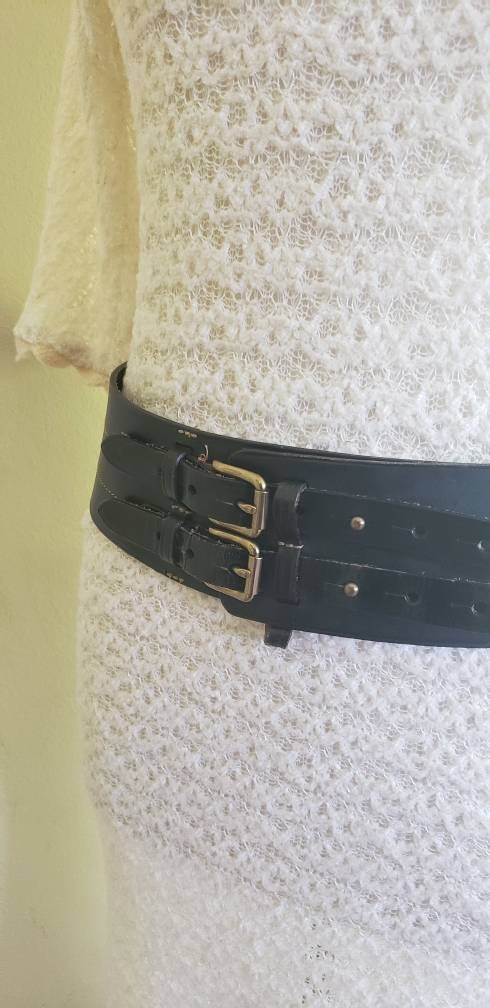 Vintage Ralph Lauren Black Leather Wide Belt Adjustable Military Style Double Straps DEADSTOCK original 295 Price Tag XL PLUS Size