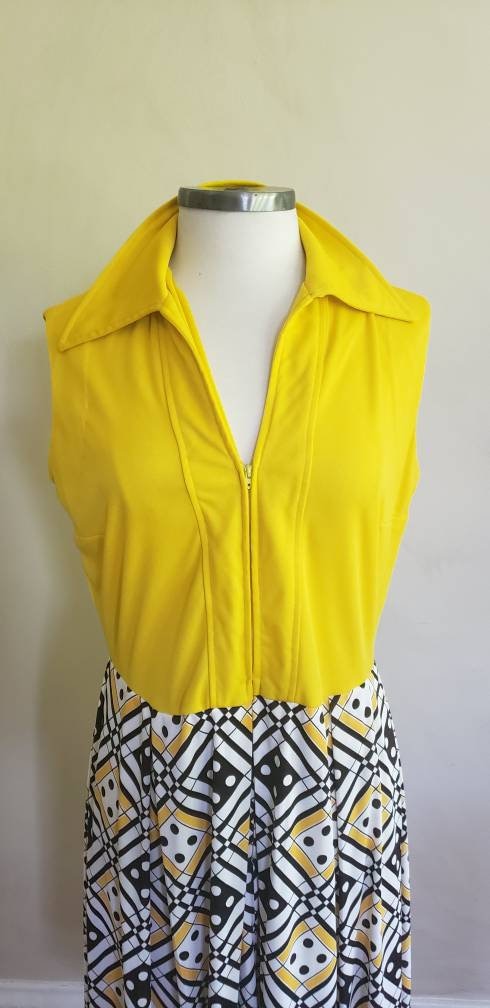 70s Does 20s Dress Drop Waist Yellow Black Dice Print