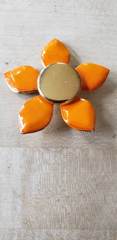 1960s Large Enamel Flower Pin Orange & Gold / 60s Mod Jewelry Chunky Floral Brooch Garden Party Spring Summer
