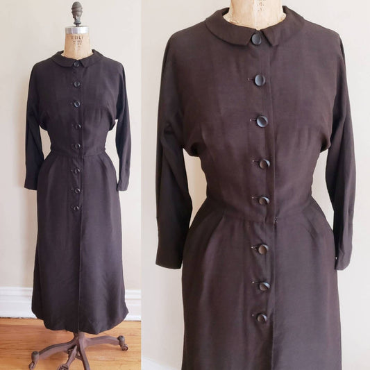 50s Brown Shirtdress Button Down Front / 50s Long Sleeved Day Dress L'Aiglon / Large / Ambre