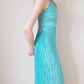 1980s Mary McFadden Evening Dress Pleated Turquoise Beaded Halter Neckline Small