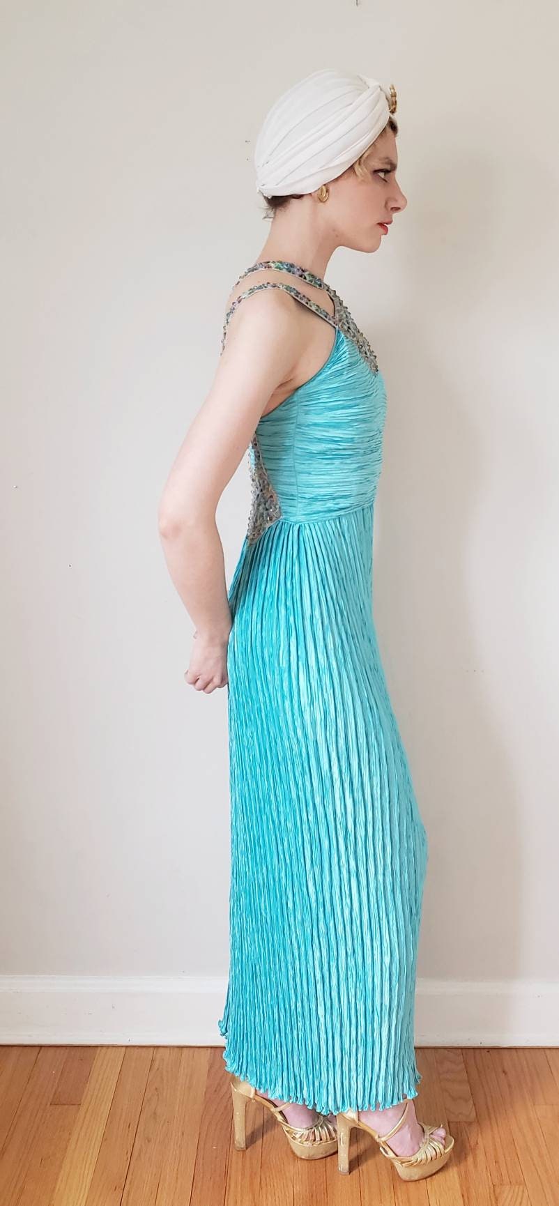 1980s Mary McFadden Evening Dress Pleated Turquoise Beaded Halter Neckline Small