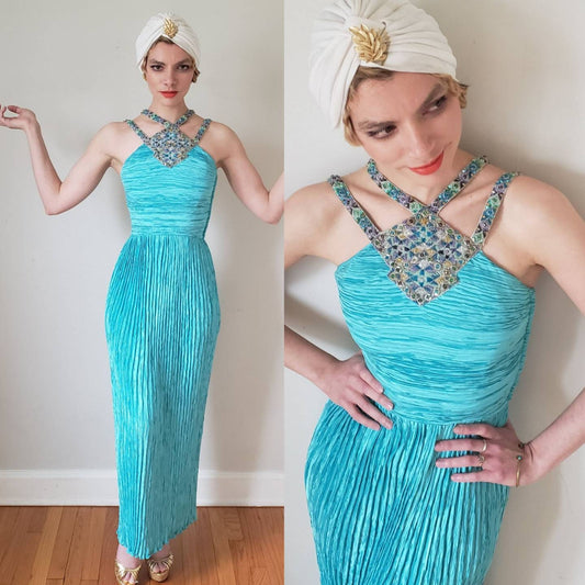 1980s Mary McFadden Evening Dress Pleated Turquoise Beaded Halter Neckline Small