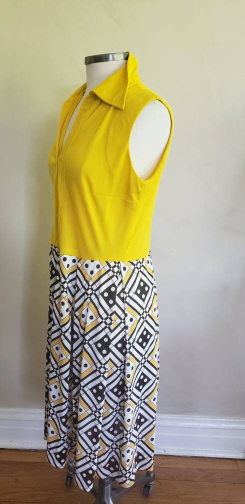 70s Does 20s Dress Drop Waist Yellow Black Dice Print