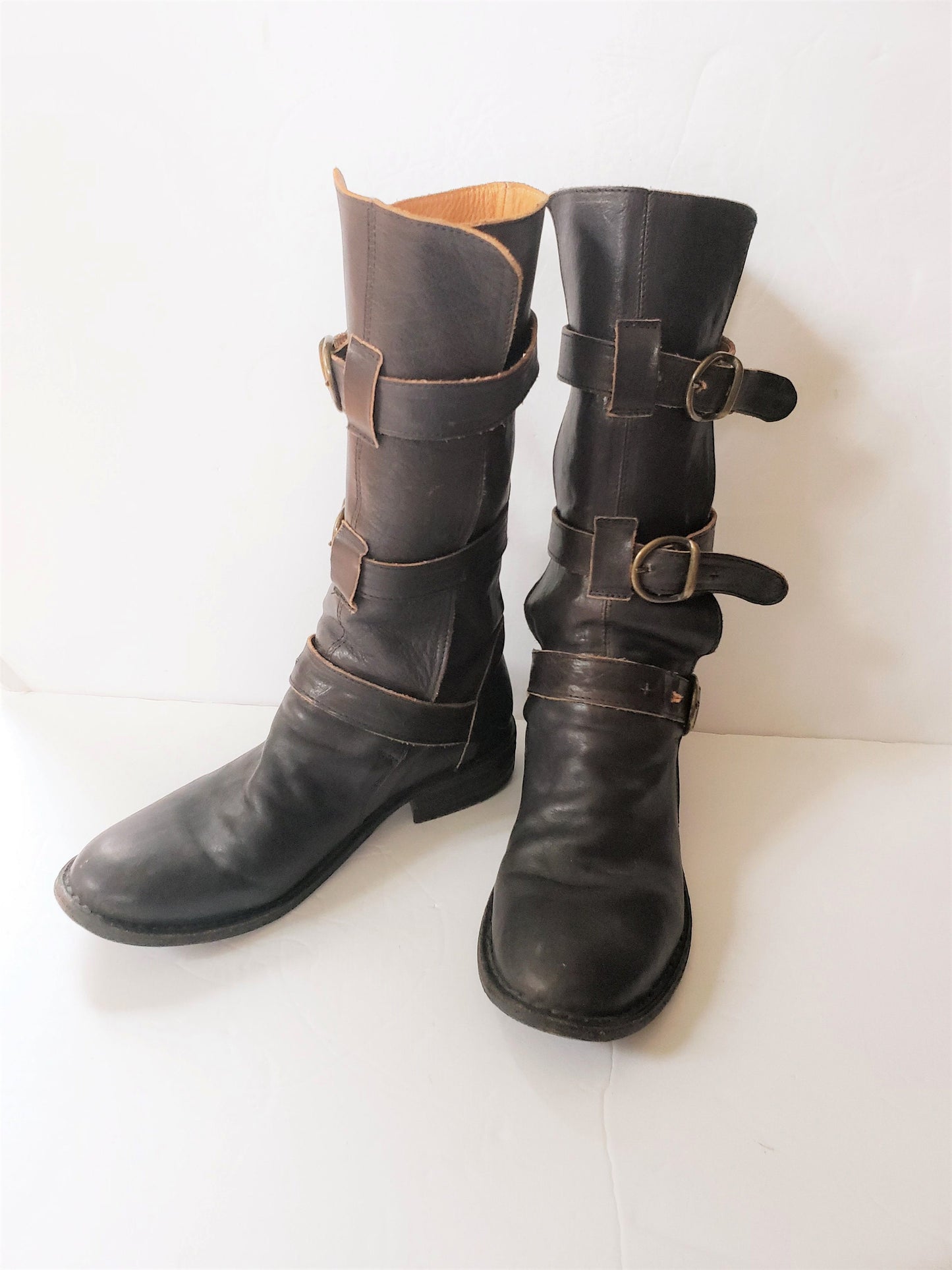 Vintage Brown Leather Knee High Boots Buckles Fiorentini + Baker Italian Designer Ladies Motorcycle Biker EU 37 7.5