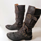 Vintage Brown Leather Knee High Boots Buckles Fiorentini + Baker Italian Designer Ladies Motorcycle Biker EU 37 7.5