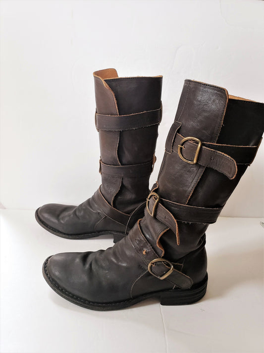 Vintage Brown Leather Knee High Boots Buckles Fiorentini + Baker Italian Designer Ladies Motorcycle Biker EU 37 7.5