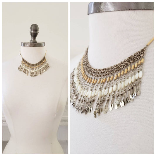 1970s Boho Fringed Choker Silver Beige Beads Mother of Pearl / 70s Fringed Beaded Necklace Summer Festival /Swansea