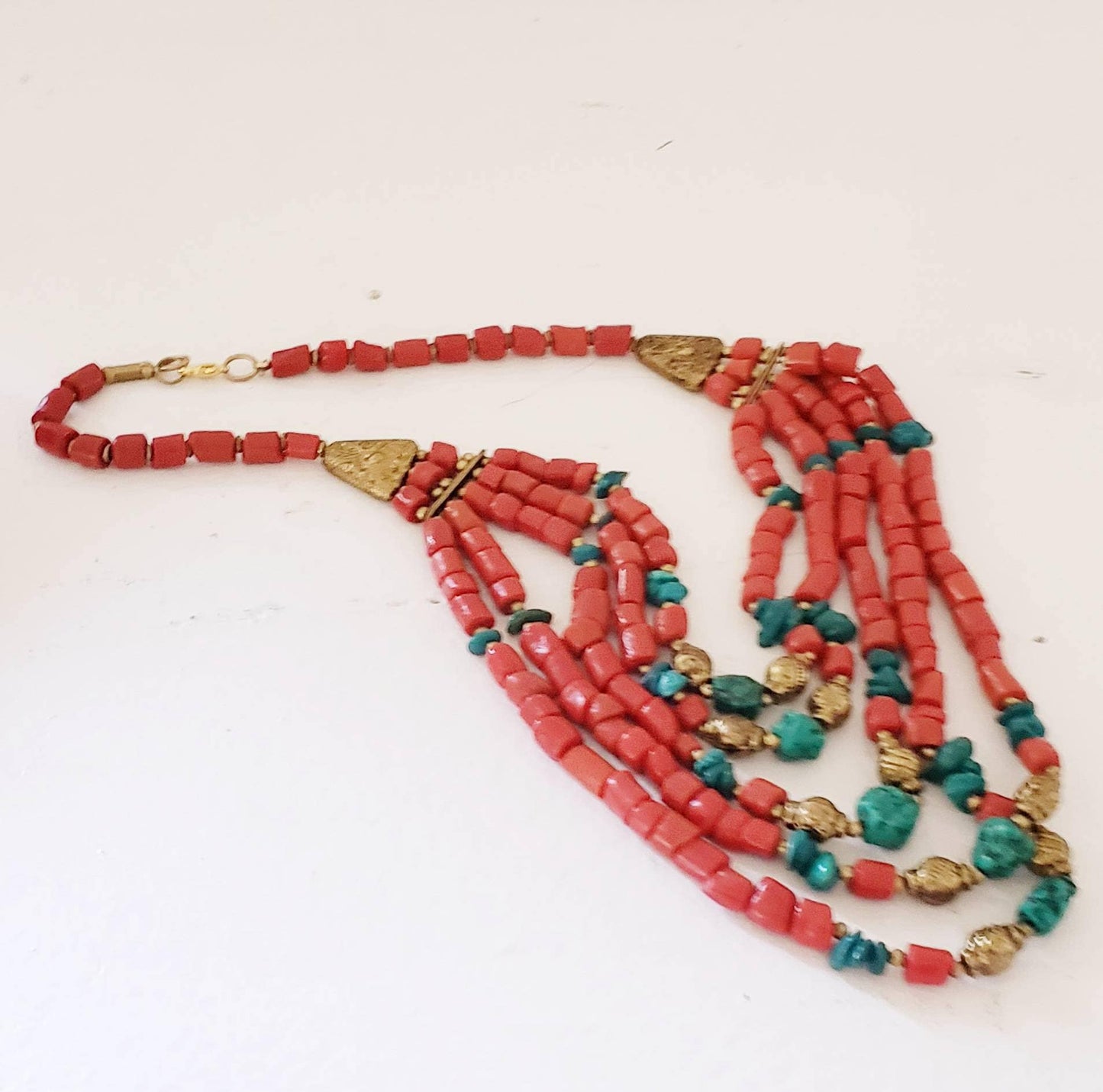 Vintage Coral & Turquoise Bead Necklace Multistrand Orange Red Beaded Ethnic Tribal Traditional / Pandora
