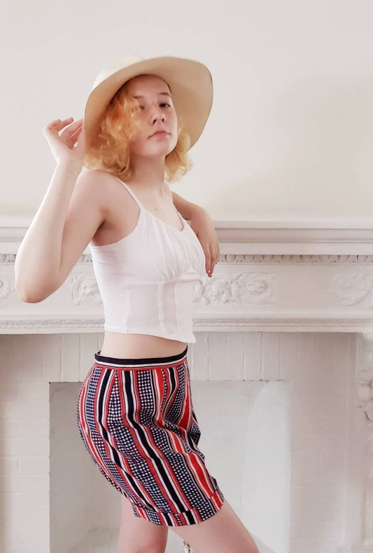 1960s Cotton Print Shorts Red White Blue Stripes Checkerboard /M