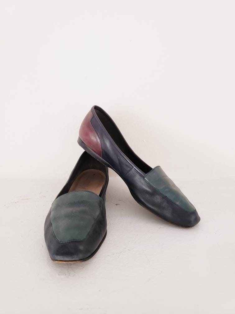 Vintage Green & Oxblood Red Loafers Enzo Angiolini Y2k Minimalist / Ladies Brown Leather Flats Shoes 7.5 / Darya