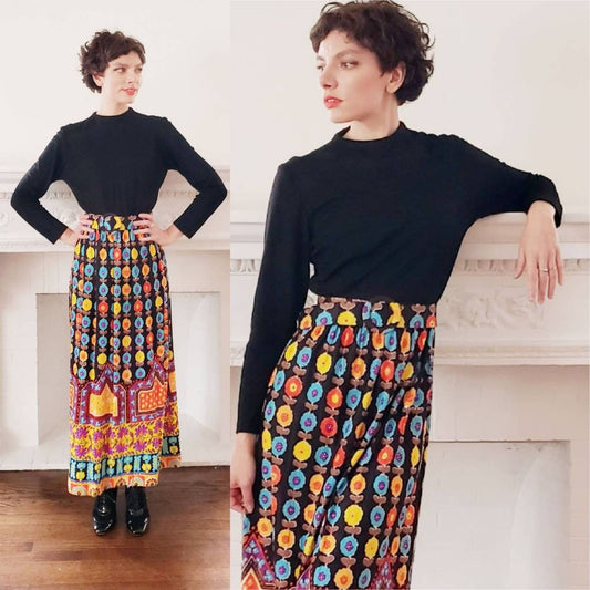 1970s Long Sleeved Boho Maxi Dress Colorful Print Skirt Multicolored Floral Maximalist Pattern Top Black Adjustable Belt /Med / Kuliga