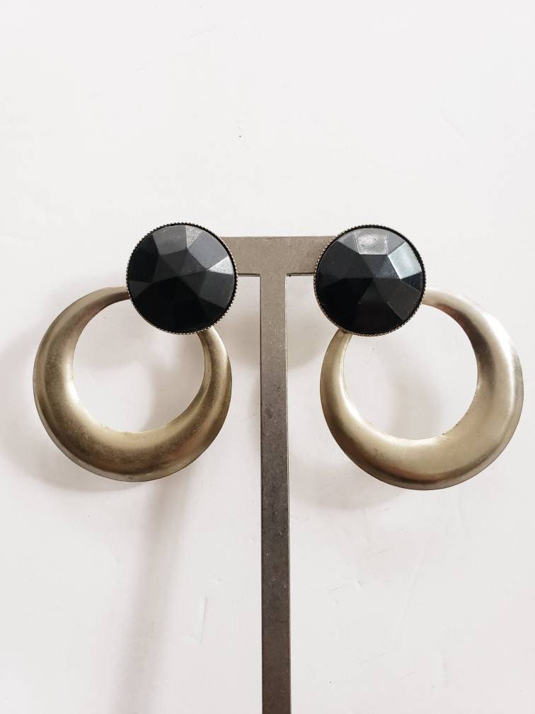 1980s Oversized Earrings Black and Silver Hoop Dangles / Melisandre