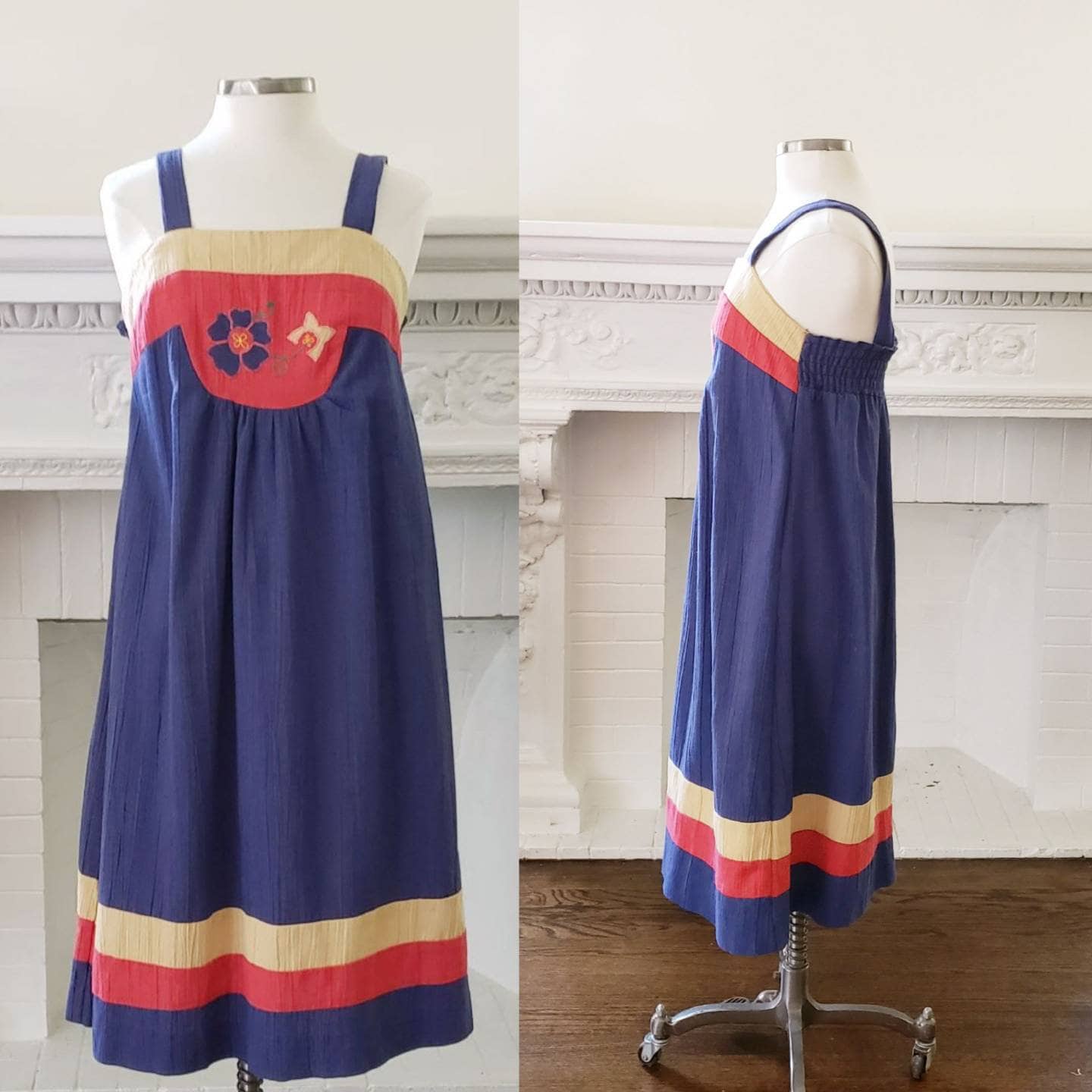 1970s Hippie Sundress in Navy Blue w/ Floral Embroidery / 70s Sleeveless A Line Summer Dress Smock Style Cottagecore Prairie/ M / Byra