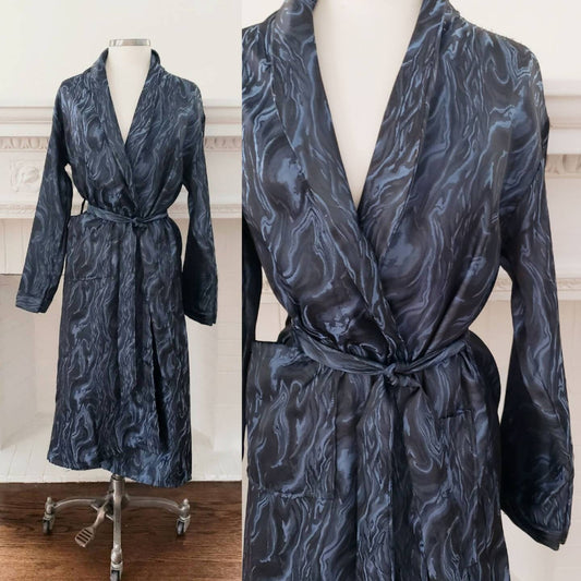 1970s Blue Marble Print Robe Mens Unisex Long Sleeved Botany 500 / Mens Lounging Robe Sash Tie Belt / Small / Chev