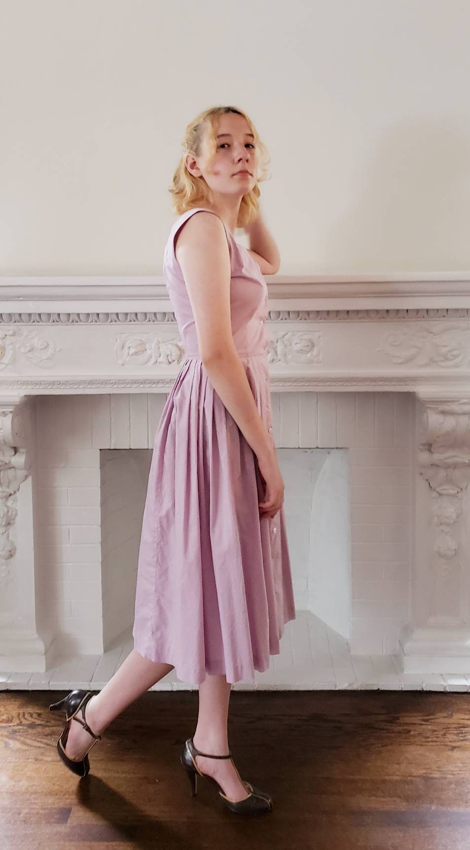 1950s Purple Sundress Sleeveless Cotton / 50s Lavender Button Down Shirtwaist Dress / Bobbie Brooks / S