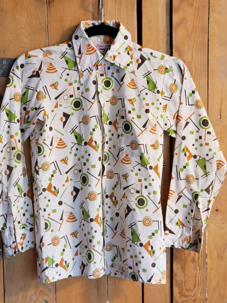 1960s Boys Button Down Shirt Bold Geometric Print MCM Three Fishes Multicolored Cotton Print