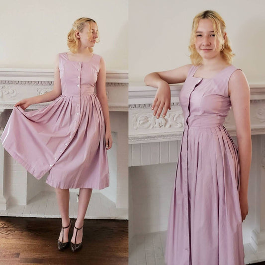 1950s Purple Sundress Sleeveless Cotton / 50s Lavender Button Down Shirtwaist Dress / Bobbie Brooks / S