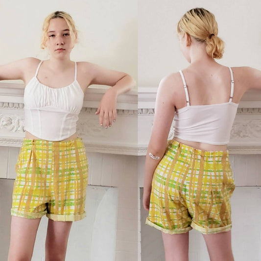 1960s Yellow Plaid Print Shorts / Medium