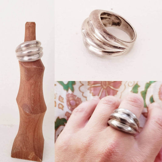 Vintage Ring Mexican Silver Taxco / Rounded Tiered Nub Stamped Silver Ring TN-47 / Size 10/ Damia