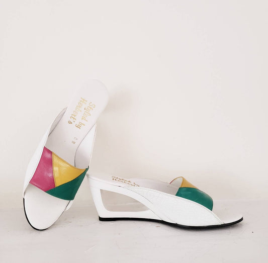 1980s Summer Wedge Sandals Colorful Leather Mules / 80s Cut Out Wedge Heel Slides Slip On Summer Shoes Patchwork Leather / 8