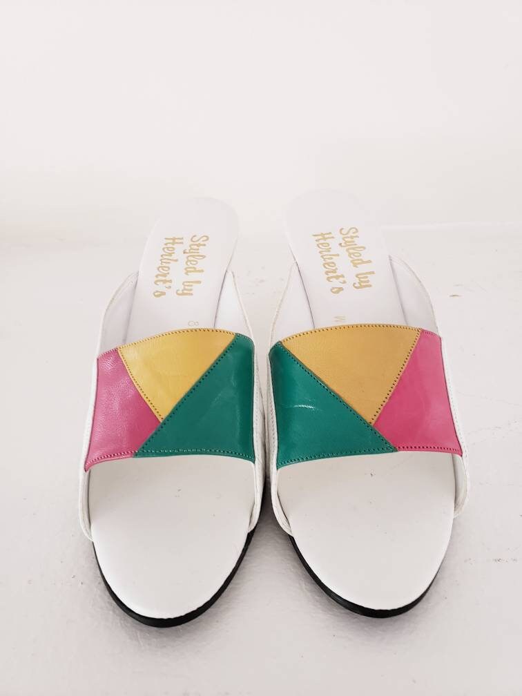1980s Summer Wedge Sandals Colorful Leather Mules / 80s Cut Out Wedge Heel Slides Slip On Summer Shoes Patchwork Leather / 8