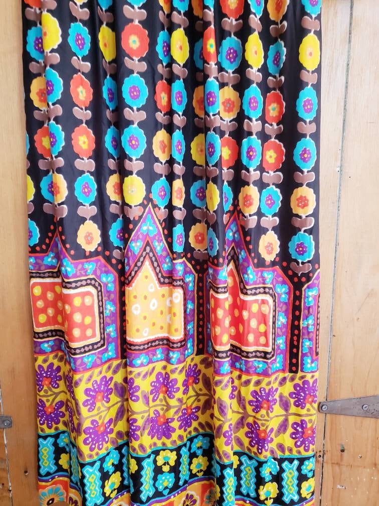 1970s Long Sleeved Boho Maxi Dress Colorful Print Skirt Multicolored Floral Maximalist Pattern Top Black Adjustable Belt /Med / Kuliga