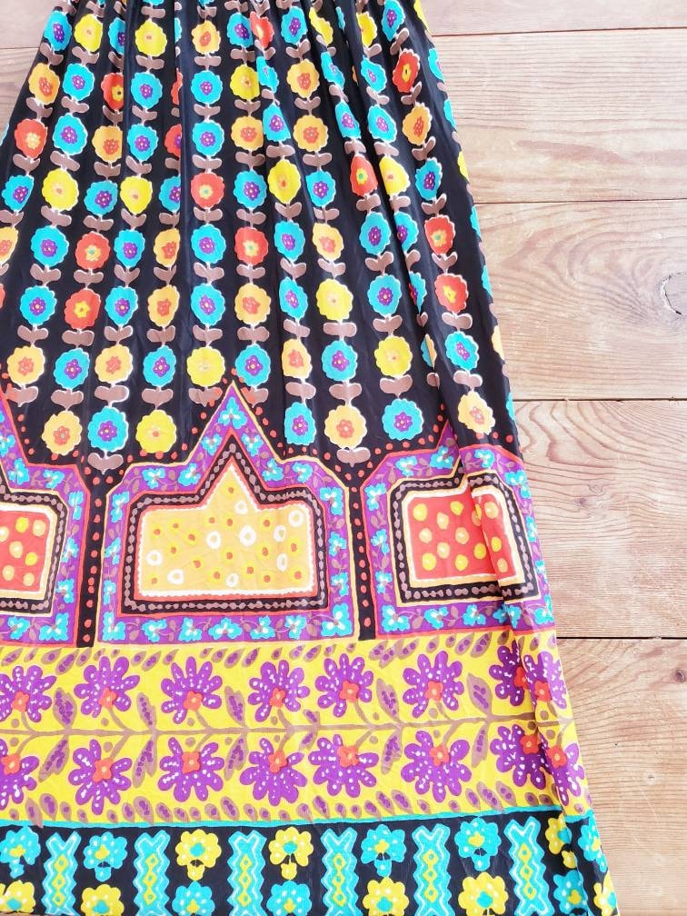 1970s Long Sleeved Boho Maxi Dress Colorful Print Skirt Multicolored Floral Maximalist Pattern Top Black Adjustable Belt /Med / Kuliga