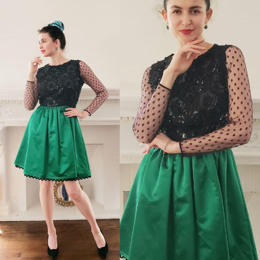 1980s Bill Blass Party Dress Black Sequins Dotted Lace Green Satin / 80s Mod Glam Designer Long Sleeved Dress / M / Clemence