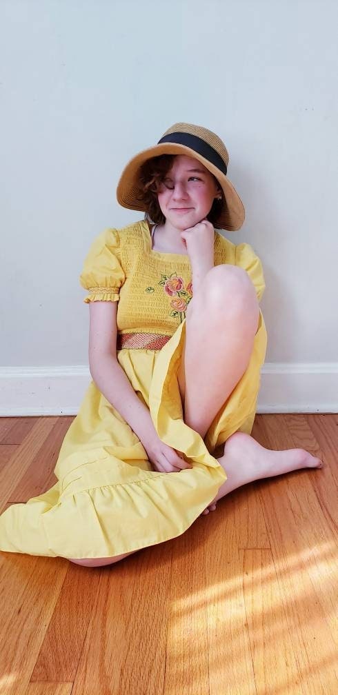 1960s Yellow Peasant Dress Girl's Teen Chinese Rose Brand / 60s Short Puffed Sleeves Dress Embroidery Smocking Cottagecore / Jessika 1960s Yellow Peasant Dress Girl's Teen Chinese Rose Brand / 60s Short Puffed Sleeves Dress Embroidery Smocking Cottagecore / Jessika