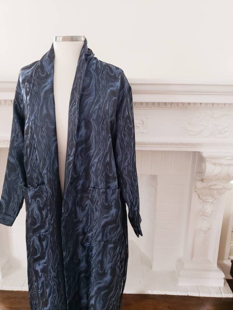 1970s Blue Marble Print Robe Mens Unisex Long Sleeved Botany 500 / Mens Lounging Robe Sash Tie Belt / Small / Chev