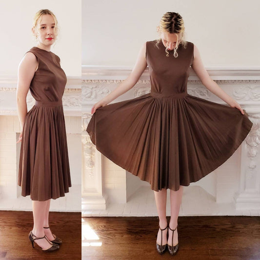 1950s Brown Cotton Midi Length Sun Dress / 50s Sleeveless Dress Full Pleated Skirt / M / Avalon