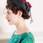 1940s Black Straw Hat Velvet Red Navy Blue Ribbon & Veil / 40s Summer Spring Cocktail Hat with Bows Netting /Marceline