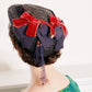 1940s Black Straw Hat Velvet Red Navy Blue Ribbon & Veil / 40s Summer Spring Cocktail Hat with Bows Netting /Marceline