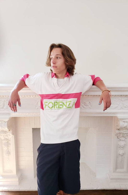 1980s Mens Forenza Jersey Pullover Shirt Pink White Lime Green / Long Sleeved 80s Collared Shirt Unisex / S / Garlyn