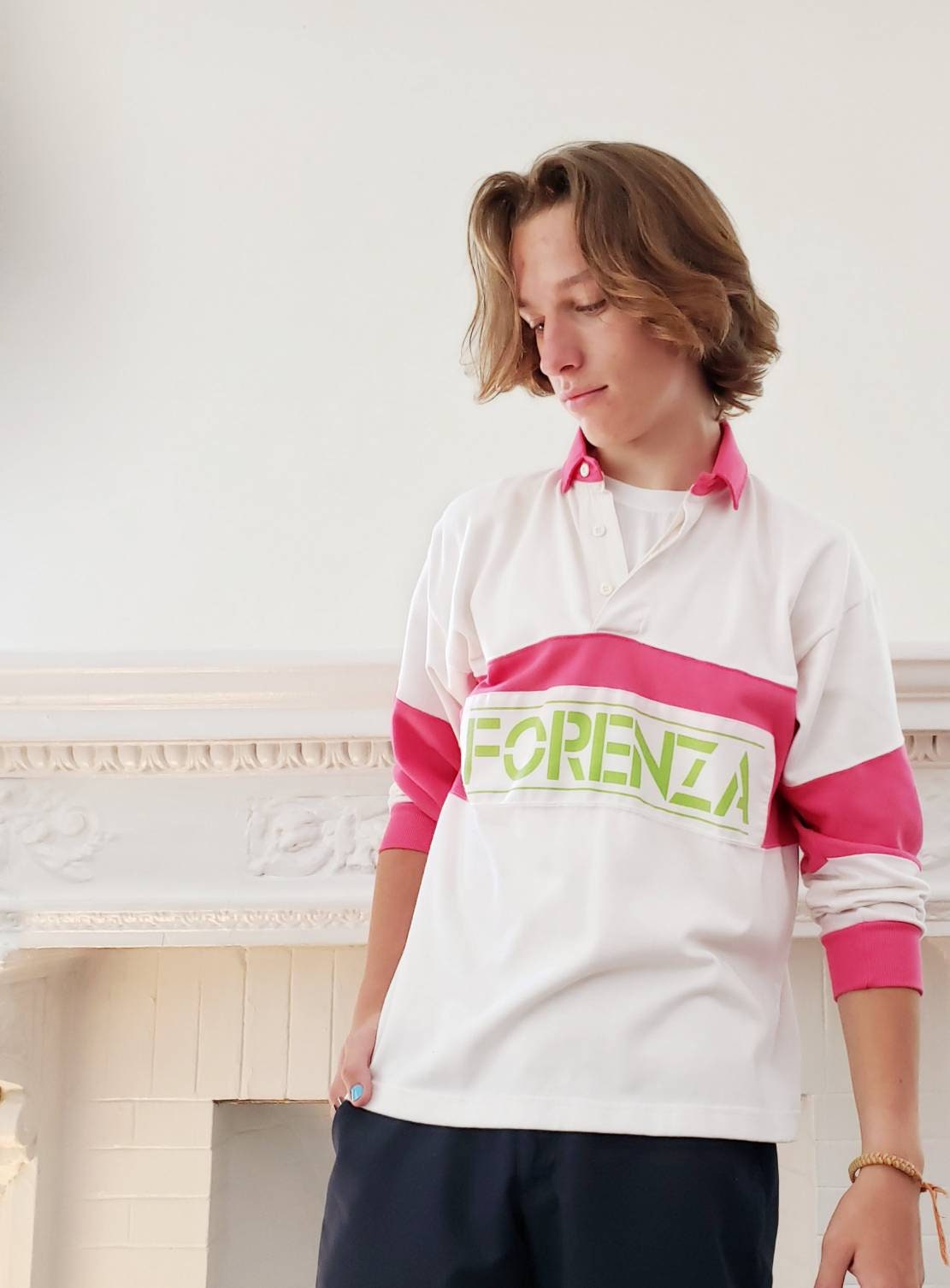1980s Mens Forenza Jersey Pullover Shirt Pink White Lime Green / Long Sleeved 80s Collared Shirt Unisex / S / Garlyn