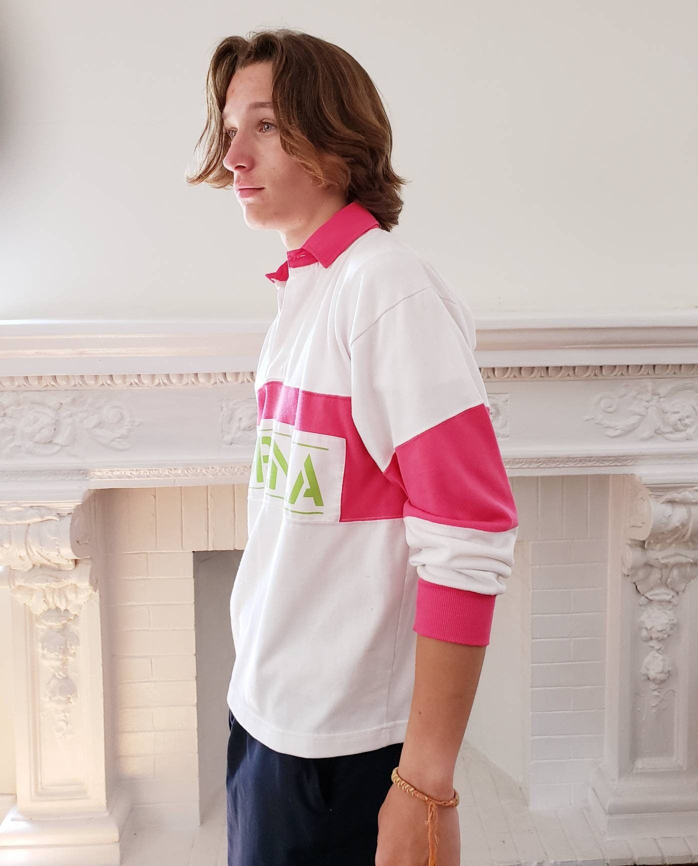 1980s Mens Forenza Jersey Pullover Shirt Pink White Lime Green / Long Sleeved 80s Collared Shirt Unisex / S / Garlyn