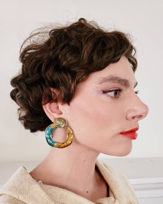 1980s Large Earrings Clips Blue Gold Enamel Hoops / 80s Clip-On Earrings Bold Chunky Maximalist Hoops / Aurore